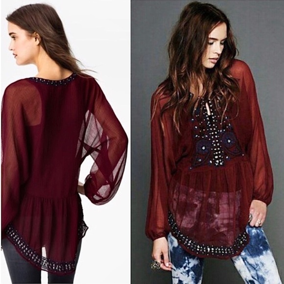FREE‎ PEOPLE Burgundy Crinkle Sheer Embroidered Beaded Long Sleeve Boho Tunic S - Picture 2 of 6